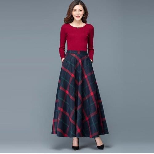 Clearance Fashion Winter Plus Size 3XL Casual Woolen A-line Red Plaid stripe female Skirts Womens / a line Long Skirt falda