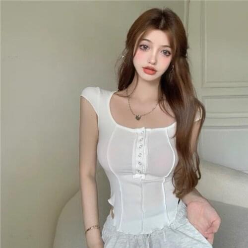 Summer Tops For Women 2021 Trendy Square Neck Single Row Buckle White Sexy Crop Top Ribbed Knit Designer Clothes Cyber Y2k