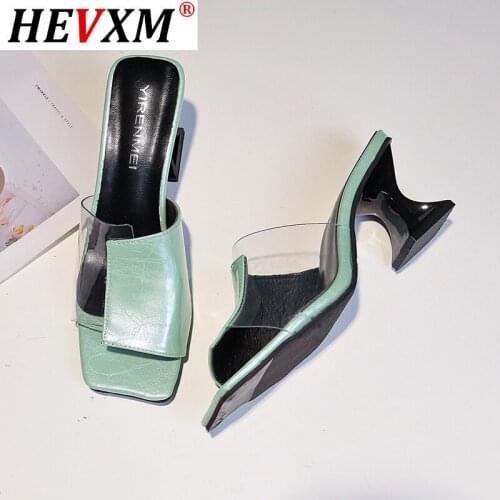 Womens Slippers 2021 Summer New Wear-resistant Transparent Film Pvc Word Drag Square Head Open Toe High Heels