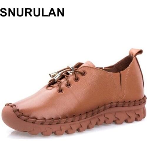 SNURULAN Shoes Women Handmade Shoes Genuine Leather Flats Lacing Mother Shoes Woman Loafers Soft Unique Casual Shoes Women