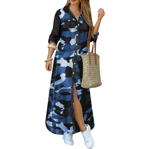Fashion Women Dress Polyester Long Sleeve Flowers Leopard Camo Print Split Hem Maxi Shirt Dress Loose Style femme robe 2021