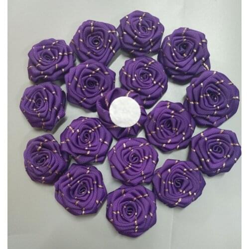 10Pieces/Lot Purple 4.5CM Polyester Ribbon Rose Flower Golden Silk Flat Flowers Hand DIY Bouquet Girl Hair Cloth Accessories