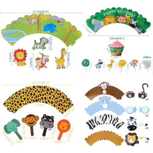 12pcs Jungle Safari Party Cupcake Wrapper Toppers Baby Shower Safari Zoo Party 1st Birthday Party Decorations Supplies