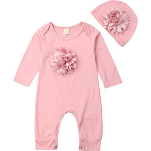 2PCS Newborn Baby Girl Autumn Long Sleeve Clothes 3D Flower Romper Jumpsuit Pink Fall Hat Outfit Spring Set
