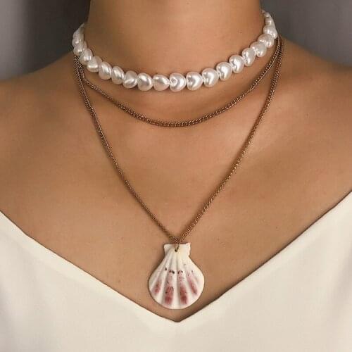 2020 Collares States Cross-border Imitation Pearl Jewelry Fashion Personality Scallops Sautoir Joker Multi-layer Chain Necklace