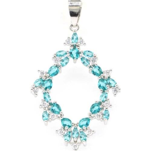 48x28mm New Statement Created Rich Blue Aquamarine White CZ For Womans Dating Silver Pendant Eye Catching
