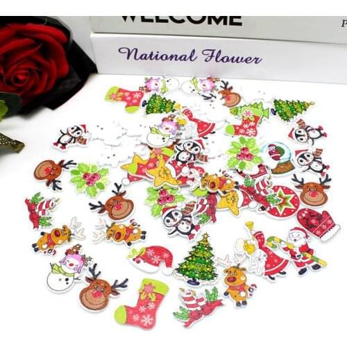 50pcs/pack Christmas buttons Wooden Buttons Sewing Scrapbooking Multicolor Xmas wooden buttons 2 Hole Sewing Decorative Supplies