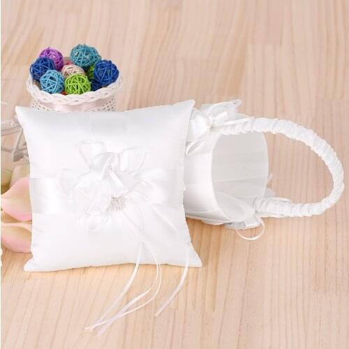 7 * 7 inches Ivory White Satin Flower Bowknot Ring Bearer Pillow and Wedding Flower Girl Basket Set