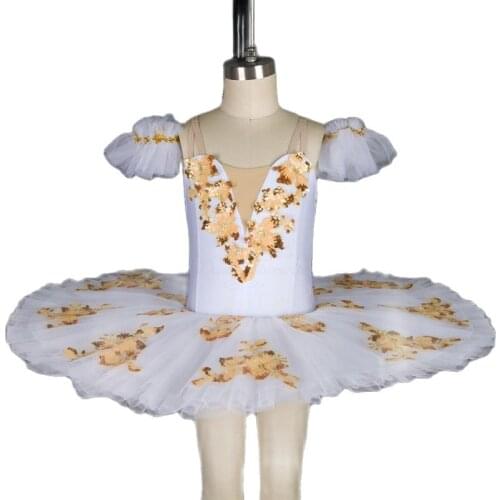 White Spandex Bodice with Gold Sequin Applique Pre-professional Ballet Tutu Girl & Women Ballet Tutu Ballerina Dance Costumes