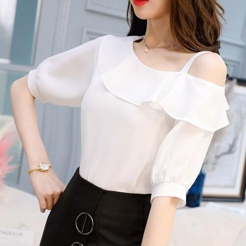 Summer Blouse Women One Shoulder Top Chiffon Shirt Stylish Lady White Blouses Half Sleeve Hollow Girl Office Work Blouse XXL