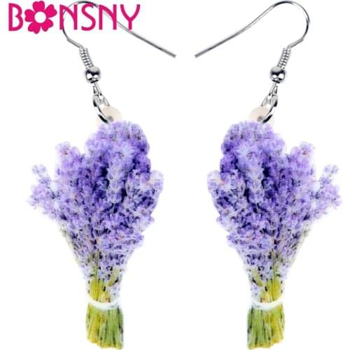 Bonsny Acrylic Elegant Lavender Flower Bouquet Earrings Drop Dangle Novelty Posy Plant Jewelry For Women Girls Teen Gift Brincos