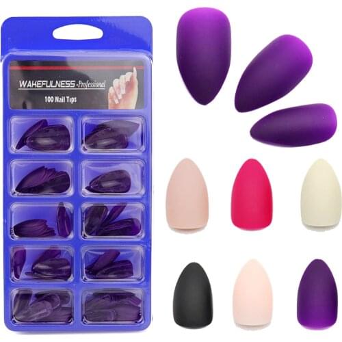 WAKEFULNESS 100Pcs Matte Long Stiletto False Nails Tips Colorful Full Cover Fake Nail Tips Manicure Press On Nails Charms