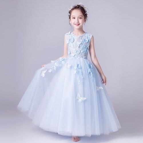 Flower Formal Girls Dress Girl Wedding Party Clothes Light Blue Tulle Kids Baptism Dresses Princess Party Communion Gown