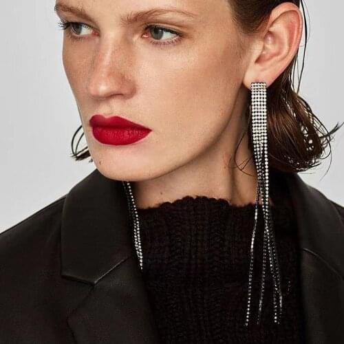 Classic Super Long tassel Pendant Earrings womens all Rhinestone Gold gun black shiny symmetrical European and American gift