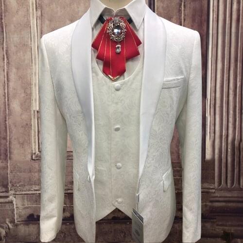 New Arrivals Three Piece Set Jacquard Fabric Costume Homme White Pants Popular Silm Fit Wedding Dress Shawl Lapel Prom Men Suit