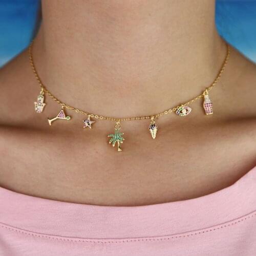 Colorful cz paved lucky charms rainbow star hamsa hand evil eye multi piece link chain Gorgeous Christmas gift Choker necklace