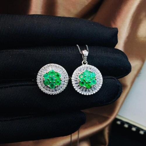 Fashion Round Sun flower Natural green Emerald Pendant ring Natural Gemstone Jewelry Set S925 Silver Women girl gift jewelry