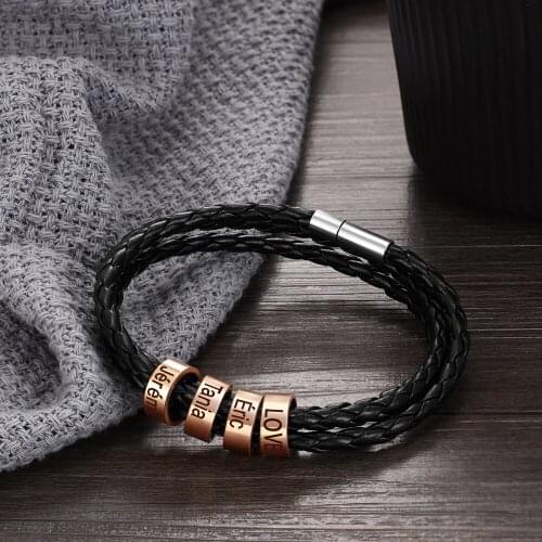 Mens Multi-Layer Braided Rope Bracelet with 4 Rose Gold Beads Custom letter Name Bracelets Bangles Magnetic Clasp