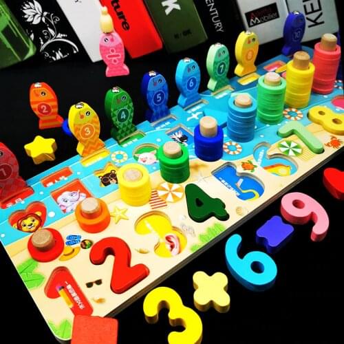 New Multi-function Preschool Wooden Montessori Toys Count Geometric Shape Fishing Game Early Education Teaching Mathematical Toy