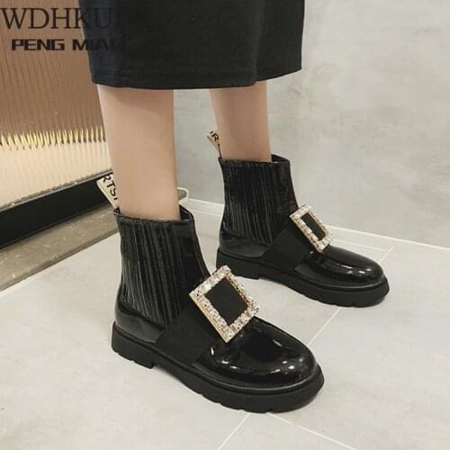 WDHKUN 2020 New Breathable Martin Boots Rhinestones Buckle Cattle Paint Leather Boots Round Head Flat Chelsea Womens Boots