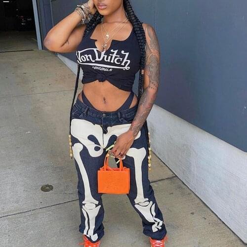 New Women Fashion Casual Pants Halloween Jeans Black Skeleton Printed Pattern Mid-waist Trousers Autumn Winter Streetwears