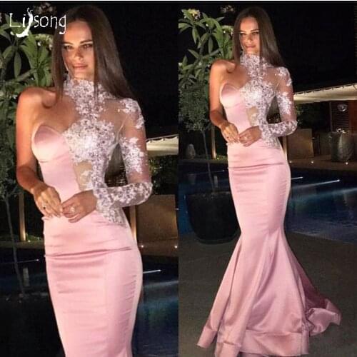 Special Design Pink Appliques Mermaid Prom Dress Sexy One Shoulder Long Sleeve See through Sheath Unique Maxi Gowns Custom Made