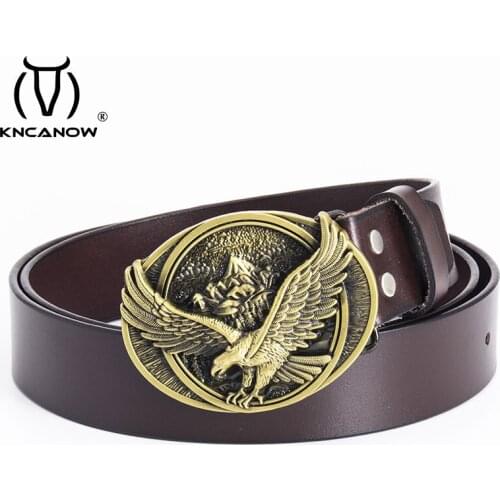 New Fashion Casual Mens Leather Strap Male Top Quality Eagle Totem Copper Smooth Buckle Retro Belt For Mens Jeans Waistband