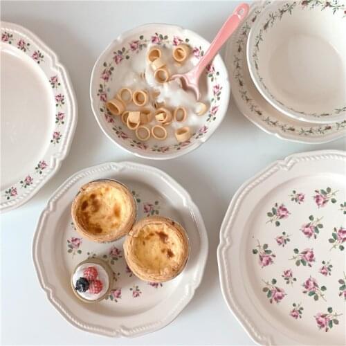 French Retro Small Flower Relief Ceramic Western Steak Pasta Plate Yogurt Salad Bowl Dessert Plate Dish Plate