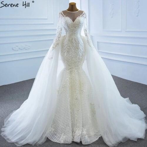 Serene Hill White Mermaid High-end Wedding Dresses 2021 Long Sleeves Beading Pearls Bridal Dress Design HM67179
