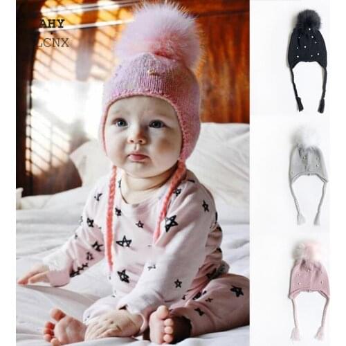 Cotton Ear Protectors Lovely Baby Girl Kids Hat Autumn Winter Childrens Hat With Pompom Pearl Twist Braid Solid Color Boy Hat