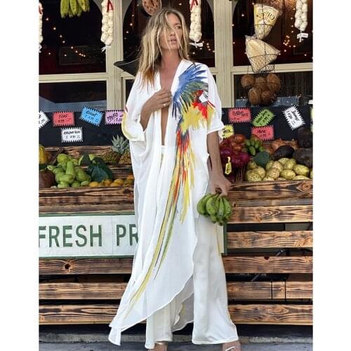 Bohemian Dress Chiffon Bikini Cover Up Kaftan White Dress Plus Size Kimono Beachwear Print Tunic for Beach Swimsuit Cover Up