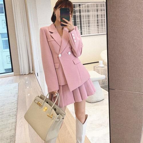 Autumn Spring Suits Womens Irregular Mid-Length Coat + High-Waist Pleated Skirt Two-Piece Sets Female Pink Black