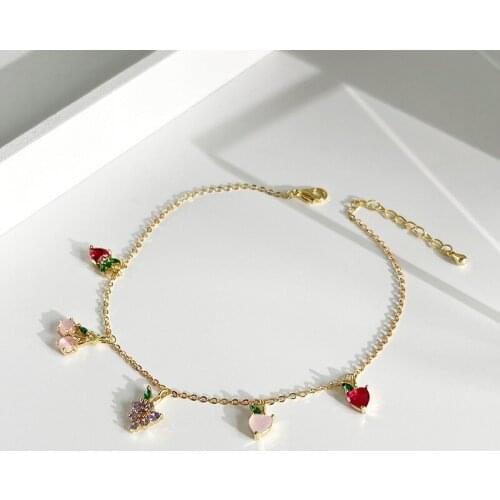 Bohemian Colorful Zircon Fruits Charm Anklet For Women Gold Plated Thin Link Chain Anklets Summer Foot Jewelry 2021 New