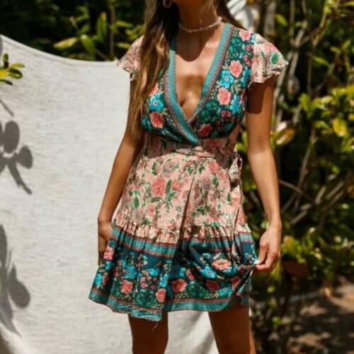 Happie Queens women floral print V-neck rayon cotton Vacation Bohemian mini dress Ladies short sleeve Boho dresses vestidos