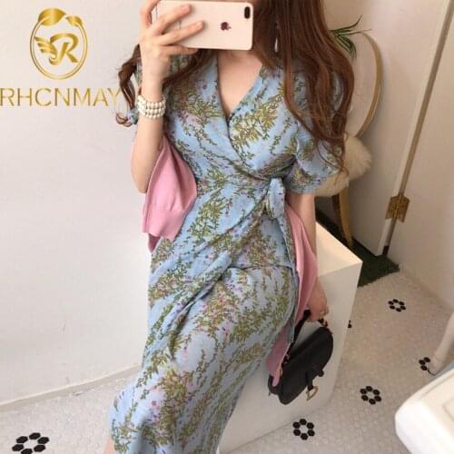 Korean Style Slim Waist Lady Long Dress Puff Sleeve Cross V-Neck Split Floral Chiffon Women Dress Fashion Printing Pencil Dress