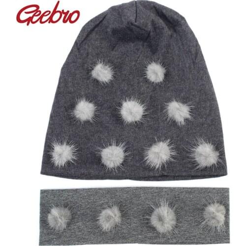 Geebro Winter Womens Beanie Hat Set with Pompom Cotton Slouchy Beanies with Mink Fur Pompons Skullies&Beanies chapeau femme