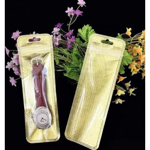 100pcs/lot Long Fashion Translucent Packing Bag Women Cosmetic Makeup Bag Plastic Gold Packing Bag For Watch Jewelry