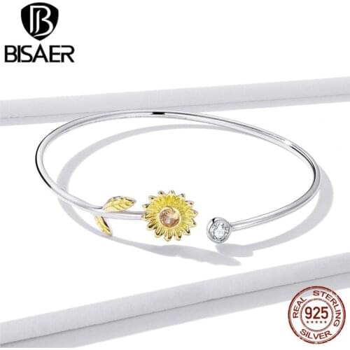 BISAER Daisy Flower Bracelets Real 925 Sterling Silver Adjustable Chain Link Yellow Enamel CZ Bracelet For Female Jewelry EFB045