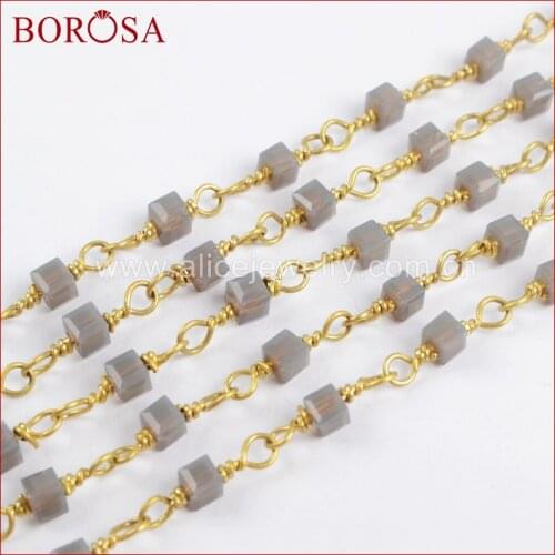 BOROSA 5Meters Brass Chains Square Gray Quartz Beads Rosary Chain Fashion Beaded Chains for Jewelry DIY JT217