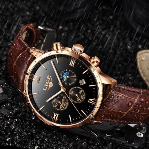 Relojde hombre LIGE Mens Watches Men Business Fashion Leather Watch Moon phase Date Luminous Multi-function Sports Quartz Clock