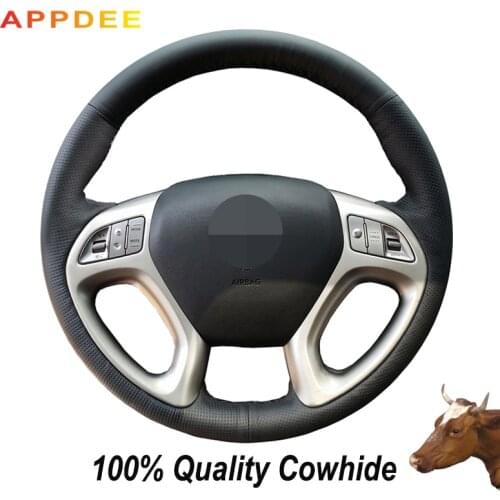 APPDEE Hand-stitched Black Genuine Leather Steering Wheel Cover for Hyundai ix35