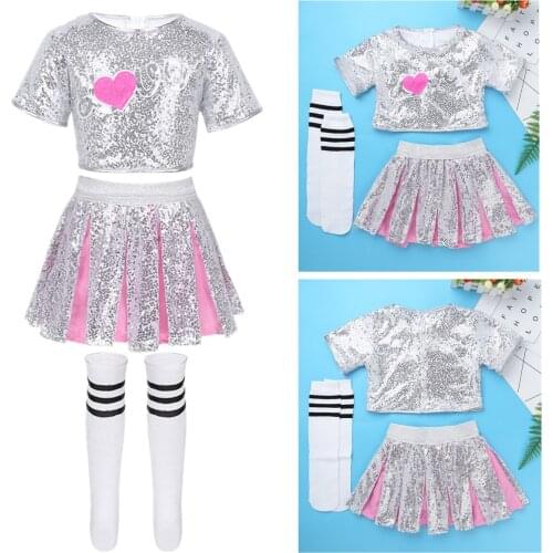 Kids Cheerleader Dancewear Outfit Shiny Sequins Crop Tops with Skirt Socks Childrens Sets Girls Hip Hop Jazz Dance Costume