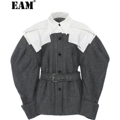 [EAM] Loose Fit Contrast Color Shaped Belt Jacket New Lapel Long Sleeve Women Coat Fashion Tide Autumn Winter 2021 1DD3629