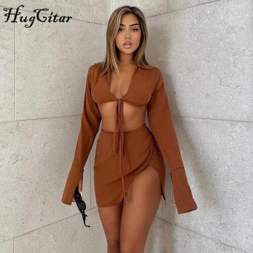 Hugcitar 2021 Autumn Winter Lace Up Long Sleeves Crop Top Slit Mini Skirt 2 Piece Set Matching Co Ords Party Club Fashion Outfit