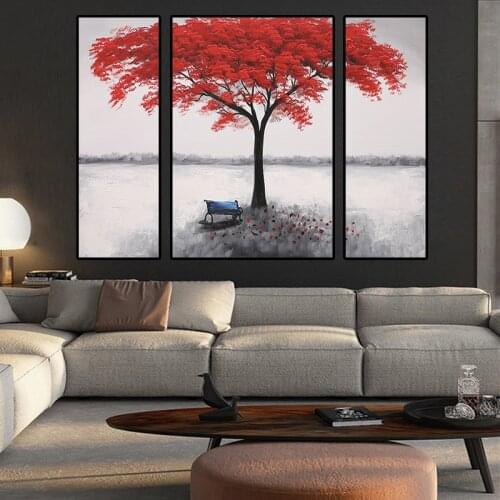 3Planes Red Tree and Chair Abstract Landscape Oil Painting on Canvas Posters and Prints Wall Art Picture For Living Room Cuadros