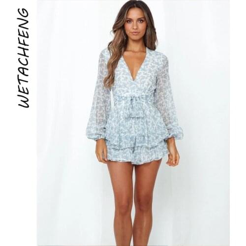 Floral Print Shorts Rompers Sexy V Neck Lantern Sleeve Ruffles Blue Overalls Autumn Outfits One Piece Playsuits Women Clothes
