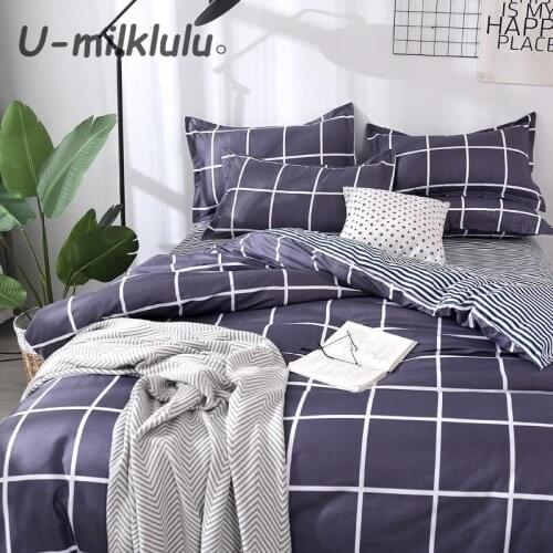 Grid Printed Bedding Set Nordic Sheet Set Blue Duvet Cover Single Double Queen King Size Elastic Bed Set Pillowcases 4pcs