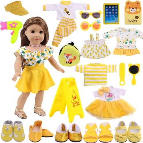 Doll Clothes Summer Pineapple Skirt,Bear Pajama,Sandals,Shoes Fit 18Inch American&43Cm Born Baby Doll Accessories Girls Toy Gift