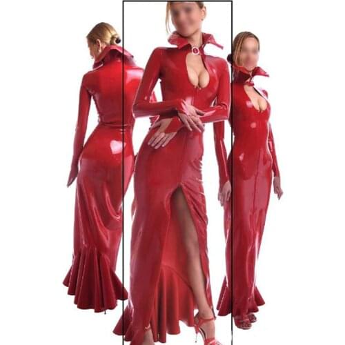 Long sleeve latex maxi dress for women red rubber vestidos gowns fetish slim party dresses plus size hot sale Customize Service