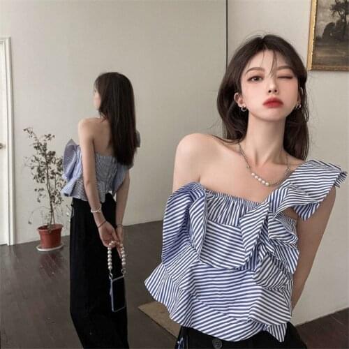 Ruffles Camisole for Women Falbala Boat Neck Sexy Tank Top Blue Stripe Short Elegant Vest Fashion Korean Style High Quality